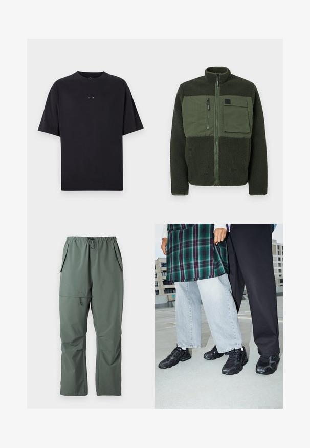 Fleecejacke in Dunkelgrün mit Reißverschluss vorne. Mit einer aufgesetzten Tasche und strukturiertem Stoff. Hoher Kragen mit minimalistischen Hardwaredetails.; Oakley RISE TEE - T-Shirt basic - blackout; Grüne, leichte Hosen mit elastischem Bund, Kordelzug und mehreren Taschen. Glatte Textur mit einer lässigen, lockeren Passform.; Schwarze Sportschuhe mit Mesh- und Gummielementen. Kombiniert mit hellgrauen weiten Jeans und einem karierten grünen Oberteil. Flacher Hintergrund.
