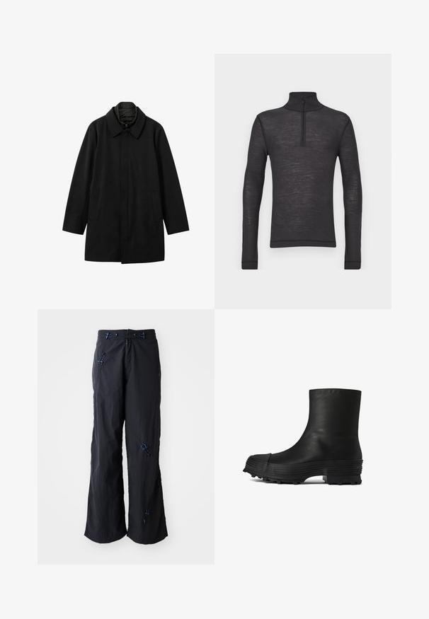Reiss LOGAN HYBRID REMOVABLE - Wintermantel - black; Zwarte lange mouwen turtleneck shirt gemaakt van een gestructureerde stof, met een halve rits bij de kraag en aansluitende mouwen.; Zwarte, lichtgewicht, wijde broek met een textuurafwerking. Voorzien van blauwe accenten en toggles voor aanpassingsmogelijkheden. Rits sluiting.; CAMPERLAB TRAKTORI - Lage laarzen - schwarz