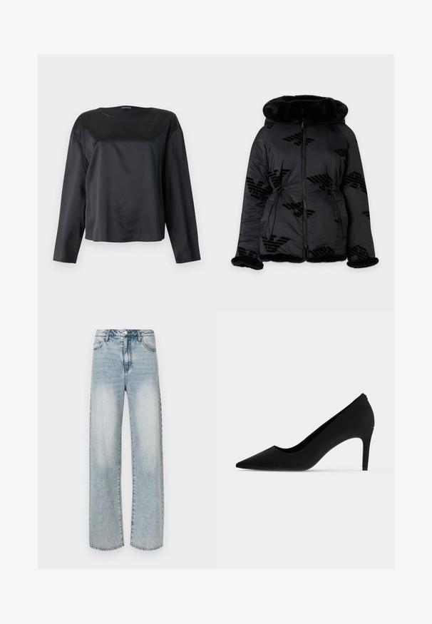 Veste matelassée noire avec bordure en fourrure sur la capuche, les poignets et l'ourlet, dotée d'une fermeture éclair intégrale à l'avant et de logos subtilement décorés.; Blouse noire en satin à manches longues avec un col rond et une coupe décontractée, présentée à plat sur un fond clair.; Jean large couleur bleu clair en denim, doté d'une taille haute, d'un design à cinq poches, d'une texture délavée et de détails de coutures visibles.; Chaussure à talon haut noire à bout pointu avec un talon fin et une finition mate et lisse, vue de profil sur fond blanc.