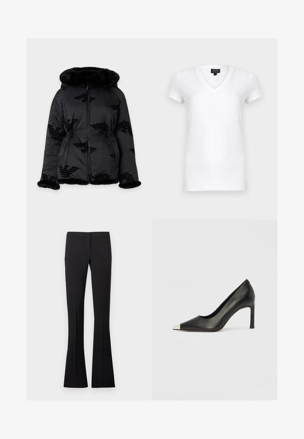 Veste matelassée noire avec bordure en fourrure sur la capuche, les poignets et l'ourlet, dotée d'une fermeture éclair intégrale à l'avant et de logos subtilement décorés.; T-shirt blanc à col en V en coton avec manches courtes, présentant un petit logo sur le côté gauche de la poitrine. Texture de tissu lisse.; Pantalon noir évasé avec une texture lisse, doté d'une taille ajustée et sans poches ni ornements visibles.; Chaussure à talon haut en cuir noir avec bout pointu et capuchon argenté métallique. Présente une finition lisse et un talon fin de 10 cm.