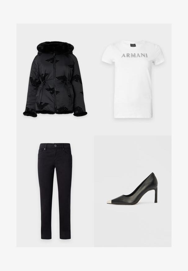 Sort polstret jakke med pelskant på hætte, manchetter og kant, med fuld lynlås foran og diskrete mønstrede logoer.; Hvid bomulds t-shirt med metallisk sølv "ARMANI" bogstaver på forsiden. Kortærmet og med rund halsudskæring.; Sorte bomuldsbukser med lige ben-design, der har forlommer og en knaplukning i taljen. Glat tekstur uden mønstre.; Sort læder højhælet sko med spids tå og metal-sølv hætte. Har en glat finish og en slank hæl på 10 cm.