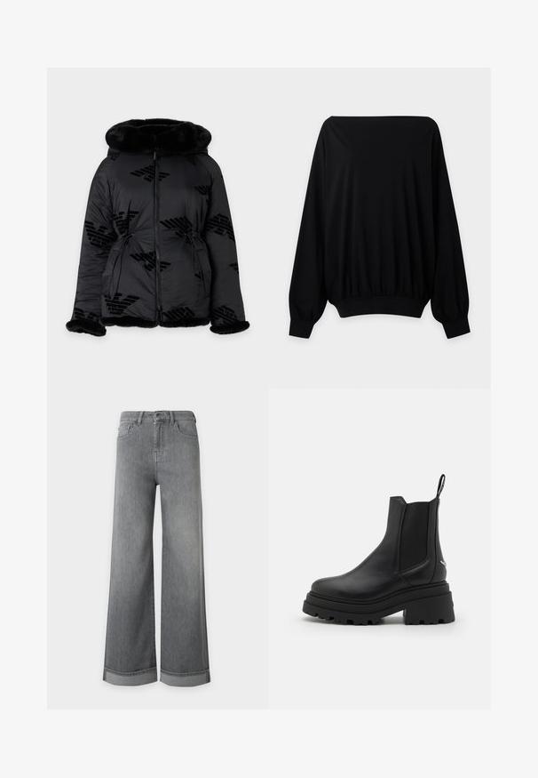 Sort polstret jakke med pelskant på hætte, manchetter og kant, med fuld lynlås foran og diskrete mønstrede logoer.; Sort langærmet off-shoulder top med elastiske manchetter og kant, vist på en ensfarvet lys grå baggrund.; Grå jeans med høj talje og brede ben, fem lommer, knaplukning og opsmøgede manchetter præsenteret mod en ren hvid baggrund.; Sorte chelsea støvler lavet af glat læder med elastiske sidepaneler, en tyk, rillede gummisål og en pull-tab bagpå.