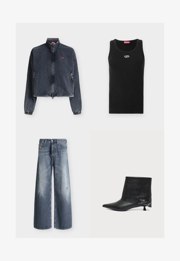 Veste en jean foncée délavée avec fermeture éclair avant, poignets élastiques, col montant, poches latérales et petit logo rouge sur la poitrine gauche.; Débardeur noir en tissu de coton avec encolure ronde, design sans manches, et petit logo blanc sur la poitrine.; Jean bleu à coupe large avec légère décoloration et petits détails usés sur le haut des cuisses, avec cinq poches et passants pour ceinture.; Bottine en cuir noir avec bout pointu, petit talon kitten et détail écrit argenté près du talon.