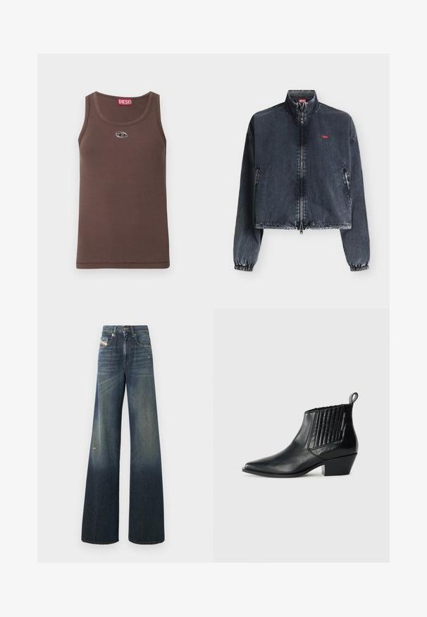 Veste en jean foncée délavée avec fermeture éclair avant, poignets élastiques, col montant, poches latérales et petit logo rouge sur la poitrine gauche.; Débardeur marron côtelé en matière douce avec un col arrondi, comportant un petit logo argenté sur la poitrine et une étiquette rouge au niveau du col.; Jean en denim à jambes larges de couleur bleu foncé avec une finition délavée, présentant un genou usé et un design classique à cinq poches avec une étiquette.; Bottine en cuir noir avec un bout pointu, panneau latéral matelassé et un talon bloc bas. Marquage discret sur le côté.