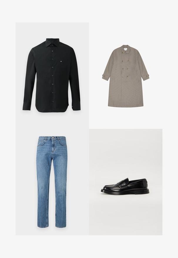 Lange beige double-breasted trenchcoat met klein ruitpatroon, knoopmanchetten en voorzakken.; Zwarte longsleeve shirt van gladde stof, met een puntige kraag, knoopsluiting en een klein wit logo op de linkerkant van de borst.; Blauwe rechte high-waist jeans met een knop aan de voorkant, rits, riemlussen en vijf-pocket ontwerp tegen een witte achtergrond.; The Antipode COLLEGE - Mocassins - black