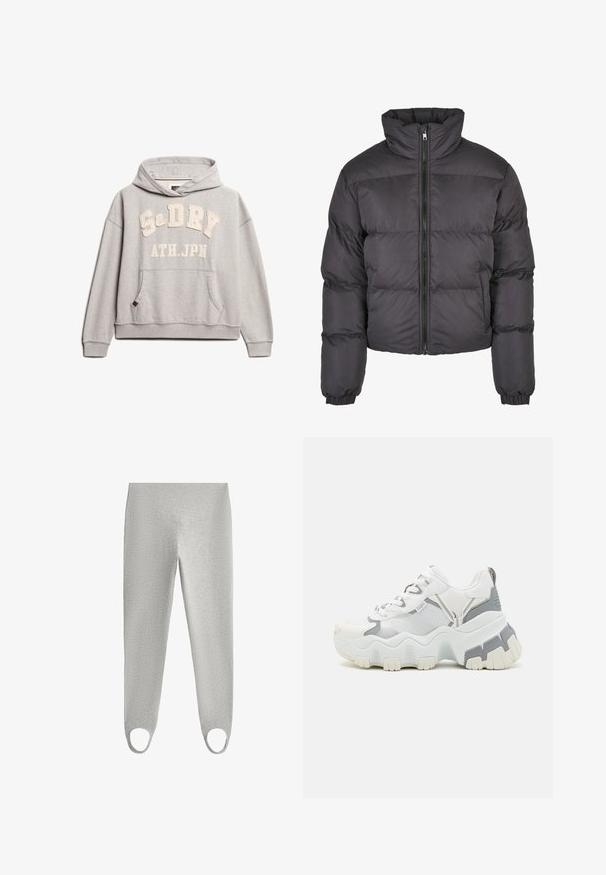Sort pufferjakke med høj krave, lynlås foran, polstret design og elastiske manchetter. Glat tekstur og cropped pasform.; Superdry & Co ATHLETIC ESSENTIALS - Hættetrøje - grey marl; Lysegrå strækbare leggings med elastisk taljebånd og fodstropper nederst på hvert ben for en sikker pasform.; Hvide sneakers med struktureret mesh og syntetiske overlejringer, der har en tyk, bølget sål i lysegrå og hvid, samt snørebåndssystem på toppen.