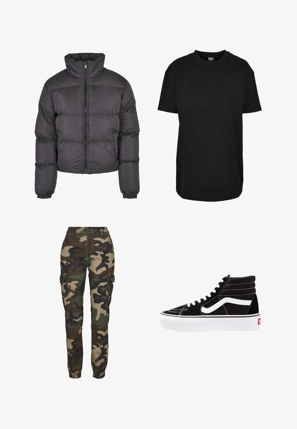 Sort pufferjakke med høj krave, lynlås foran, polstret design og elastiske manchetter. Glat tekstur og cropped pasform.; Sort kortærmet T-shirt med rund hals i størrelse XS med "Urban Classics" mærke inde i kraven.; Kamuflage cargo bukser i nuancer af grøn, brun og sort; har elastiske manchetter, sidelommer og en sikker knaplukning.; Sorte høj-top sneakers med hvide snørebånd, et hvidt logo og kontrasterende hvid syning. Har en tyk hvid sål og struktureret ruskindsoverdel.