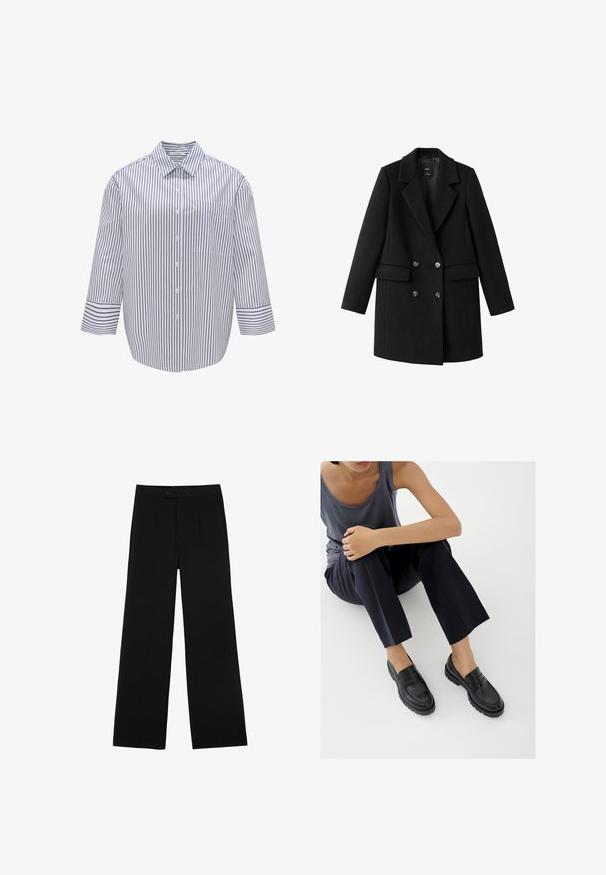 Manteau noir en mélange de laine avec un devant croisé, un col cranté, deux poches latérales et des boutons métalliques. Maintient une silhouette structurée.; Chemise à rayures, à col, avec une base blanche et des rayures verticales bleu marine. Elle possède une poche poitrine et des manches larges trois-quarts.; Pantalons noirs à jambes larges en tissu lisse, dotés d'une fermeture à bouton à l'avant et de deux plis pour un détail supplémentaire. Design ajusté dans l'ensemble.; Mocassins en cuir noir avec accents texturés, talon bas, bout arrondi, et coutures visibles. Modèle portant un pantalon sombre et un haut gris.