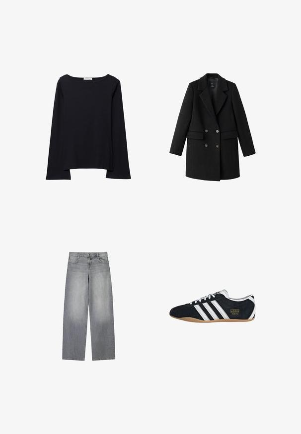 Manteau noir en mélange de laine avec un devant croisé, un col cranté, deux poches latérales et des boutons métalliques. Maintient une silhouette structurée.; Haut noir à manches longues avec un large col rond, coupe décontractée et texture douce. Comprend un ourlet arrière légèrement plus long et sans ornements supplémentaires.; Jean en denim gris à jambes larges avec une finition légèrement décolorée, doté de cinq poches, d'une fermeture à bouton à l'avant et de passants de ceinture.; Sneakers en suede noir avec trois bandes blanches, logo doré et semelle en caoutchouc marron. Présente un design à lacets à profil bas.