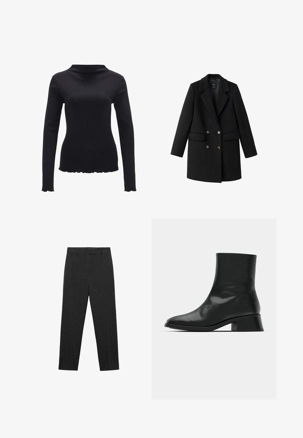 Zwarte jas van een wolmengsel met een dubbelgeknoopt voorpand, een reverskraag, twee zijzakken en metalen knopen. Behoudt een gestructureerde silhouet.; Zwarte lange mouwen top van gladde stof, met een mock neck ontwerp en een gegolfde zoom. Geen zichtbare patronen of hardwareaccenten.; Donkergrijze, op maat gemaakte broeken met riemlussen, een vlakke voorkant en een rechte pijp, plat gelegd op een witte achtergrond.; Zwarte enkelboot van glanzend leer, met een slank ontwerp, spitse neus en een gematigde blokhak voor stabiliteit.