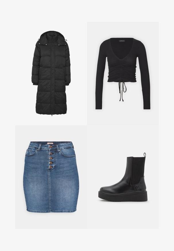 Sort pufferjakke med et langt design, hætte, lynlås lukning og trykknapper. Har quiltede sektioner og elastiske manchetter for varme.; Sort ribbet langærmet crop top med dyb V-hals, samlet detalje foran og justerbar snøre i kanten.; Jeansnederdel i mellemblå med en tætsiddende silhuet. Har en fem-knaps lukning foran, to forlommer og en syet kant.; Sorte læderankelstøvler med elastiske sidepaneler, struktureret krokodillemønster, kraftig platformsål og løkke til at tage dem på.