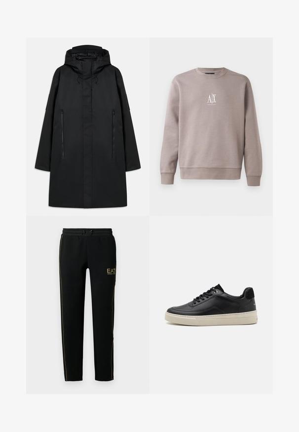 Must värvi parka jakk kapuutsiga, otse lõikega, kahe lukuga esi-taskuga ja reguleeritavate nööridega. Sile, veekindel materjal.; Hall grey sweatshirth, mis pehmeast kangast, meeskonna kaelusega, pika varrukaga ning väikese valge logoga rinnal.; Mustad mustadest spordipükstest, millel on kitsenev disain, elastne vöökoht koos paelaga ning kuldsed aktsenttriibud külgedel ja logo.; Must musta sisenemine mustast nahast, millel on kreemjas värvi kummitald, ümmargune nina ja paeltega disain, mida kaunistab must nubukist konts.