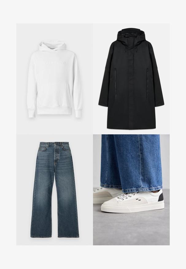 Sort parka jakke med hætte, med en lige pasform, to lynlåslommer foran og justerbare snore. Glatte, vandtætte materialer.; Hvid hoodie med frontkangaroo-lomme, snørehætte og præget "QUARTZ CO" logo på brystet. Blødt bomuldsstof.; Højtaljede, brede ben blå jeans med forlommer, bælteløkker og knaplukning, lavet af medium-vasket denim.; Hvide og sorte sneakers med en glat læderoverdel, teksturerede detaljer og en kraftig hvid sål. Har et klassisk snørebåndsdesign.