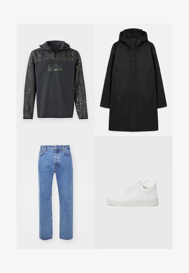 Zwarte parka-jack met een capuchon, met een rechte snit, twee met rits afsluitbare voorzakken en verstelbare trekkoorden. Glad, waterdicht materiaal.; Zwarte hoodie met een halve rits, voorzien van een textuur patroon op de mouwen en een logo-print in donkergroen op de borst.; Won Hundred STEVE - Relaxed fit jeans - cut blue; Witte leren sneaker met een afgeronde neus, platte zool en veters aan de voorkant. Voorzien van stikseldetails en een gevoerde kraag voor comfort.