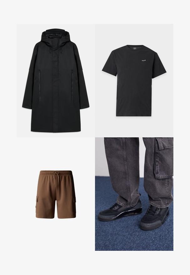 Sort parka jakke med hætte, med en lige pasform, to lynlåslommer foran og justerbare snore. Glatte, vandtætte materialer.; Sort t-shirt med korte ærmer og rund halsudskæring med lille hvidt "Volcom"-logo på venstre bryst, vist på en ensfarvet lys grå baggrund.; Brune bomulds cargo shorts med elastisk talje, snøre lukning og to sidelommer. Glat tekstur og længde over knæene.; Sorte sportsko med en struktureret overflade, glatte detaljer og en kraftig sål, der er parret med mørke, løstsiddende cargo-bukser.