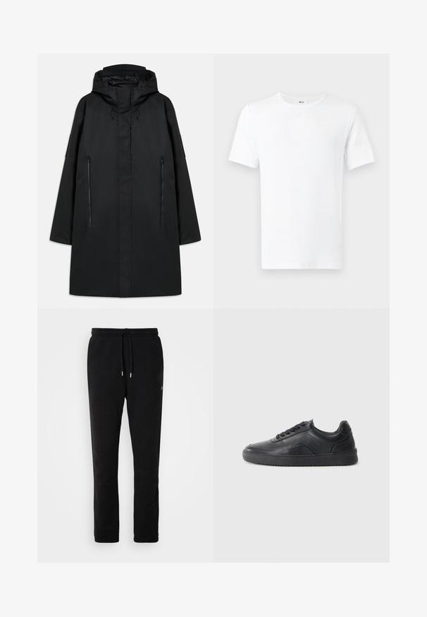 Parka noire avec capuche, présentant une coupe droite, deux poches zippées à l'avant et des cordons de serrage ajustables. Matériau lisse et imperméable.; T-shirt blanc uni à manches courtes et col rond, présenté de face avec une étiquette visible dans le cou sur un fond clair.; Pantalon de survêtement noir en coton doux, avec une taille à cordon, des jambes fuselées et un branding minimal dans un design subtil.; Chaussure de sport en cuir noir avec une finition lisse, bout arrondi, panneau latéral texturé et lacets noirs. Présente une semelle en caoutchouc plate et un design minimaliste.