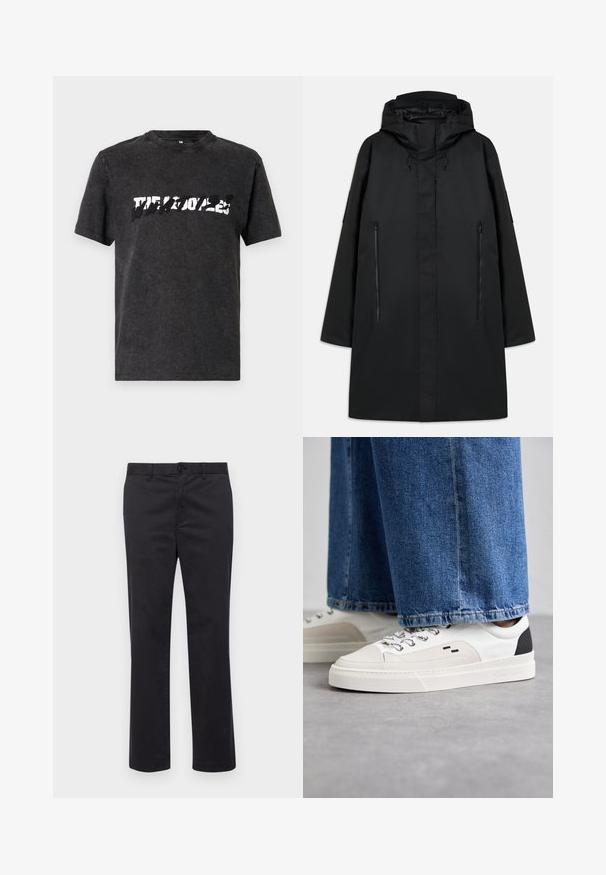 Parka noire avec capuche, présentant une coupe droite, deux poches zippées à l'avant et des cordons de serrage ajustables. Matériau lisse et imperméable.; T-shirt en coton noir avec un col ras du cou, affichant un design graphique blanc audacieux et usé sur la poitrine. Manches courtes.; Pantalons en coton noir avec une coupe droite, dotés d'une fermeture à bouton et de passants de ceinture. Texture lisse, sans motifs ni accents visibles.; Baskets blanches et noires avec une tige en cuir lisse, des accents texturés et une semelle épaisse blanche. Présentent un design classique à lacets.