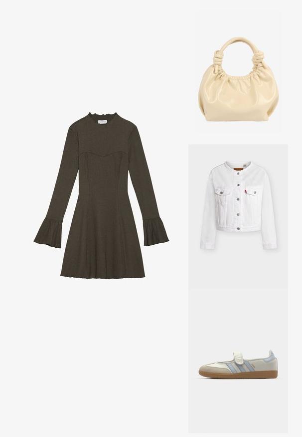 Hvid cropped denimjakke med lange ærmer, kravefri design, knaplukning foran og to brystlommer med knap og en lille rød mærkat.; Langærmet kjole i olivengrøn med tætsiddende overdel, flagrende ærmer og en rynket halsudskæring. Struktureret stof med en let flagrende nederdel.; adidas Originals SAMBA JANE BALLERINA - Ballerinasko m/ rem - cloud white/halo blue; Kremfarvet blød læderhåndtaske med opsamlet top og sammenknyttede dobbelthåndtag på hvid baggrund.