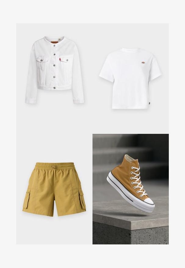 Witte cropped denimjas met lange mouwen, kraagloos ontwerp, knoopsluiting aan de voorkant en twee borstzakken met knopen en een klein rood label.; Witte katoenen T-shirt met een relaxte pasvorm, voorzien van een klein logo-opdruk op de borst en een label aan de zijkant voor een extra detail.; Korte cargo shorts in kaki met een elastische tailleband, trekkoord en twee zijzakken. Gemaakt van lichte stof met een gladde textuur.; High-top sneaker in mosterdgele canvas met witte veters, een rubberen neuskap en een gestructureerde witte zool met zwarte strepen.