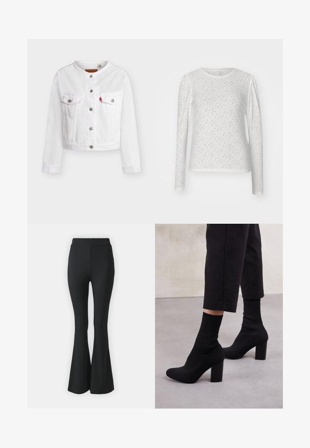Weiße, gekürzte Jeansjacke mit langen Ärmeln, kragenlosem Design, Knopfleiste vorne und zwei mit Knöpfen versehenen Brusttaschen mit kleinem rotem Etikett.; Weißes langärmeliges T-Shirt aus Baumwolle mit einer strukturierten Oberfläche und kleinen Ausschnitten. Runde Ausschnittform und leicht gepuffte Schultern. Weiches Material.; Schwarze ausgestellte Hosen aus elastischem Stoff. Sie haben einen hohen Bund und ein glattes, eng anliegendes Design, das ab dem Knie nach unten ausgestellt ist.; Schwarze, knöchelhohe Stiefel mit einem gerippten, sockenartigen Obermaterial, glatter Oberfläche, abgerundeter Zehenform und einem Blockabsatz für Stabilität.