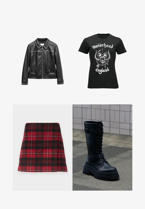 Sort læderjakke med en krave prydet med sølvstuds, lynlås lukning, to frontlommer og studs på manchetterne. Glat tekstur.; rockshirts MOTÖRHEAD ENGLAND - T-shirts print - black; Rød og sort ternet mini nederdel, lavet af blødt stof med en flagrende form, der har vandret syninger og en ren kant.; Sort læder knæhøj kampstøvle med tyk knot sål, front snørebånd og to justerbare stropper med spænder på flisegulv og fortov baggrund.