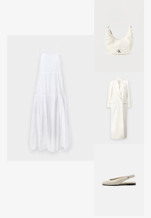 Robe blazer blanche à double boutonnage avec revers en pointe, manches longues et poches avant ; fabriquée en tissu structuré avec une finition lisse.; Robe blanche sans manches avec un corsage ajusté, une jupe à volants et un léger éclat. Dotée de bretelles fines ajustables et d'une taille froncée.; Chaussure plate slingback en cuir couleur crème avec un bout arrondi et un petit emblème doré sur la bride.; Petit sac à main blanc en forme de croissant avec une courte bandoulière, fermeture éclair et logo "cK" noir sur le devant.