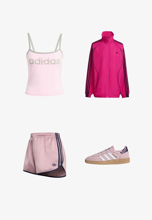 Roze ritsjack met hoge kraag, zwarte gestreepte accenten op de mouwen, elastische cuffs en lichtgewicht stof. Voorzien van het Adidas-logo op de borst.; Lichtroze tanktop met grijze details en verstelbare spaghettibandjes, met een groot, gecentreerd grijs "adidas" logo. Katoenen materiaal.; Lichtroze sportshorts met marineblauwe biezen, drie marineblauwe zijstrepen, elastische tailleband en klein marineblauw Adidas-logo aan de voorkant.; Roze suède Adidas sneaker met witte strepen, rubberen zool, paarse hieltab en "SPEZIAL" branding aan de zijkant.