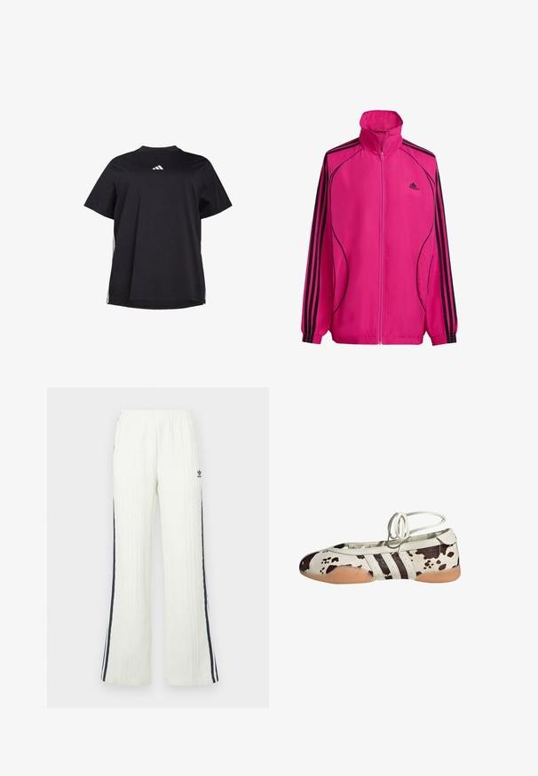 Lyserød zip-up jakke med høj krave, sorte stribede detaljeringer på ærmerne, elastiske manchetter og letvægtsstof. Har Adidas-logo på brystet.; Sort kortærmet t-shirt lavet af blødt stof, med en hvid vandret accent på siden og et hvidt logo på brystet.; Lyse cremefarvede bukser i kabelstrik med flared design. Har mørkeblå sidelommer og en Adidas-logo på hoften. Elastisk taljebånd.; Hvide balletflade sko i læder med brun ko-print, der har tre sorte striber på siden og en fleksibel, tanfarvet gummisål.