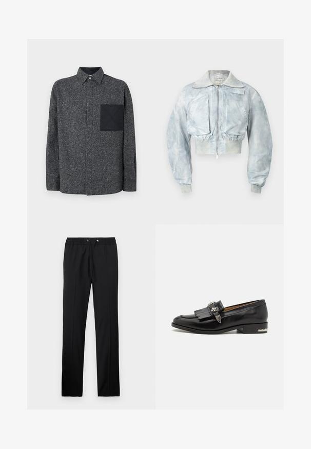 Lyseblå croppet bomberjakke med lynlås foran, store frontklaplåse, elastisk talje og ribstrikkede manchetter.; Iceberg Skjorter - fantasia mix di grigi; Iceberg PANTALONI - Bukser - nero; Sorte læder loafers med frynse-detaljer, sølvhardware, rund tå og en lav stablet hæl med dekorativ kant.