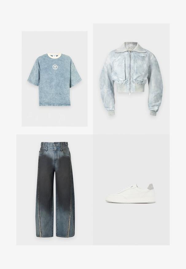Veste bomber courte bleu clair avec fermeture éclair à l'avant, grandes poches à rabat frontales, taille élastique et poignets côtelés.; T-shirt oversize bleu délavé à manches courtes avec une encolure ronde blanche et un petit logo circulaire délavé sur la poitrine.; Jean bleu à jambes larges avec des taches délavées plus foncées sur le devant et des coutures verticales effilochées sur les jambes extérieures.; Baskets basses blanches avec un onglet de talon gris, des lacets blancs et une semelle texturée, présentées sur un fond uni clair.