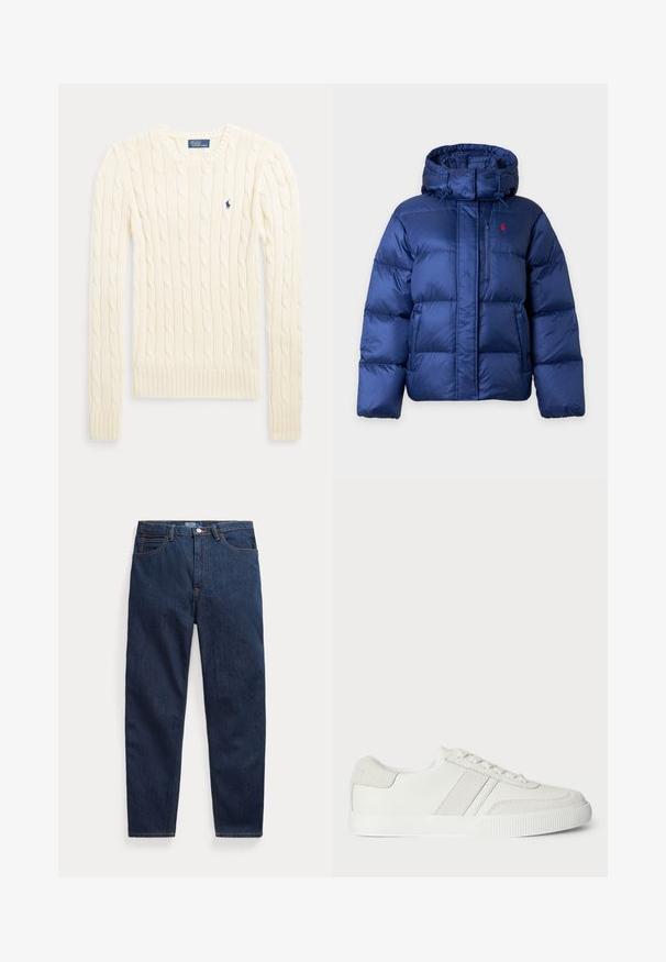 Chaqueta de invierno acolchada azul con capucha, cremallera frontal, bolsillo en el pecho y pequeño logo rojo bordado en el pecho izquierdo.; Jersey de punto trenzado crema de manga larga con cuello redondo y pequeño logo bordado en azul oscuro en el pecho.; Vaqueros de mezclilla azul oscuro con cinco bolsillos, cierre de botón y corte recto, colocados planos sobre un fondo blanco.; Zapatilla blanca con parte superior de cuero liso, acentos de ante y cordones planos. Presenta una suela de goma texturizada y un diseño minimalista.