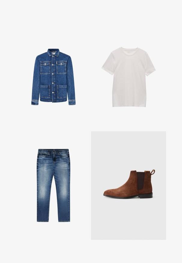 Donkerblauwe denimjas met knoopsluiting, puntige kraag, twee borstzakken en twee onderzakken. Stiksel details zichtbaar.; Effen witte katoenen T-shirt met korte mouwen en een ronde hals, plat gelegd op een witte achtergrond.; Blauwe vervaagde denim jeans met voorzakken, riemlussen en een knoopsluiting, plat gelegd op een witte achtergrond.; JOOP! KLEITOS - Lage laarzen - downtown brown
