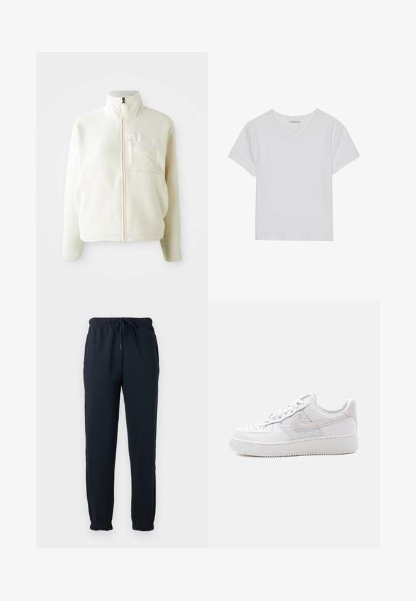 Hvid fleecejakke med høj krave, fuld lynlås og en brystlomme. Blød tekstur og afslappet design.; Hvid kortærmet V-hals t-shirt lavet af ribbet stof. Har et rent design med en lige kant og minimal detaljer.; Sorte joggingbukser med elastisk talje, snøre, sidelommer og elastiske manchetter ved anklerne.; Hvid Nike Air Force 1 sneaker med lavt snit, hvide snørebånd, perforeringer på tåboksen og netpanel bag Nike swoosh-logoet.