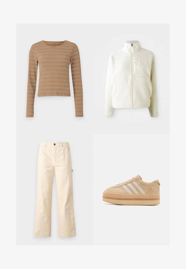 Chaqueta de forro polar blanca con un alto cuello, cierre de cremallera completa y un bolsillo en el pecho. Textura suave y diseño casual.; Top marrón de manga larga con franjas horizontales blancas y marrones oscuras, textura acanalada y escote redondeado, con un diseño corto.; Pantalones de pierna ancha en color beige, hechos de algodón, con cierre de botón, que cuentan con bolsillos laterales y un diseño limpio y minimalista.; Zapatillas de plataforma de ante beige con tres rayas blancas, punta redonda y suela de goma beige que presenta un acento de logo dorado en el lateral.