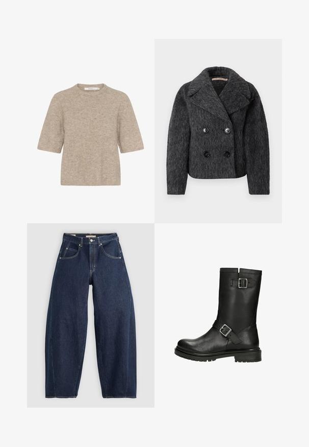 Manteau en laine gris à double boutonnage avec un col cranté, comportant deux grands boutons noirs et une finition texturée.; Pull léger beige à manches courtes en tricot doux, avec un col rond et une coupe décontractée. La texture est légèrement duveteuse.; Jean en denim bleu foncé, à coupe ample, avec des coutures claires, cinq poches et un bouton de fermeture à la taille.; Botte mi-mollet en cuir noir avec deux sangles à boucle argentée, bout rond, talon bas et semelle robuste, conçue pour un usage décontracté ou en extérieur.