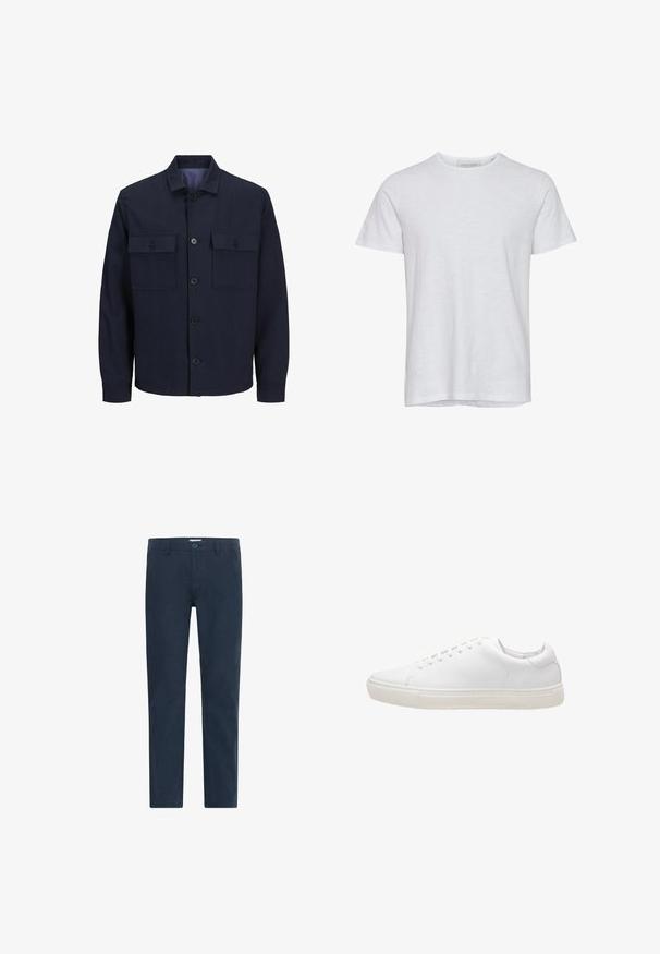 Marineblå jakke med krave, frontlukning med knapper og to brystlommer. Fremstillet af et tekstureret materiale med et ensfarvet mønster.; Hvid bomulds t-shirt med rund hals, korte ærmer og en afslappet pasform. Glat tekstur med en let stræk, ingen synlige mønstre eller grafik.; Mørkeblå chinos lavet af bomuldsblandingsstof, med knaplukning, lige ben og en glat tekstur uden mønstre eller accenter.; Hvide lædersneakers med en glat overflade, rund tå, snørebåndslukning og flad gummisål. Minimalistisk design uden synlige mønstre.