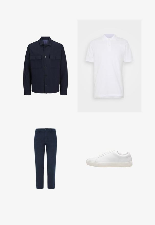 Marineblå jakke med krave, frontlukning med knapper og to brystlommer. Fremstillet af et tekstureret materiale med et ensfarvet mønster.; Hvid polo t-shirt med klassisk krave, tre-knaps stolpe og korte ærmer. Fremstillet af glat bomuldsstof med et ensfarvet design.; Marineblå bomulds-chinos med knaplukning, lige ben og en glat tekstur. Har sidelommer og en enkelt baglomme.; Hvide lædersneakers med en glat overflade, rund tå, snørebåndslukning og flad gummisål. Minimalistisk design uden synlige mønstre.