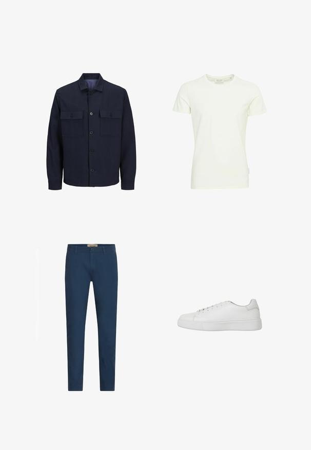 Marineblå jakke med krave, frontlukning med knapper og to brystlommer. Fremstillet af et tekstureret materiale med et ensfarvet mønster.; Hvid kortærmet t-shirt lavet af blødt bomuld. Har en rund halsudskæring og en lige søm. Minimalistisk design uden mønstre eller detaljer.; Marineblå slim-fit herrebukser med bælteløkker, frontlukning med knap og sidelommer, præsenteret mod en hvid baggrund.; Hvide sneakers lavet af glat læder med afrundet tå, syede detaljer og flad gummisål. Minimalistisk design med snørebånd.