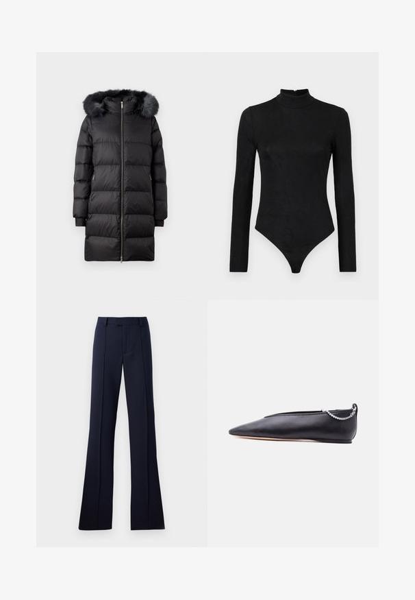 Doudoune noire avec capuche en fausse fourrure, dotée d'une fermeture éclair, design matelassé et poches latérales. Manches longues avec poignets côtelés.; Body noir à manches longues avec un col montant et une texture subtile. Comprend une fermeture éclair au dos et un design de bas en thong.; Pantalons évasés bleu marine en tissu lisse. Présentent un devant plat, des passants de ceinture et des plis pressés. Aucun motif ni accent visible.; Chaussure plate noire en cuir pointue avec un petit talon et un détail de chaîne argentée à l'arrière sur un fond uni.