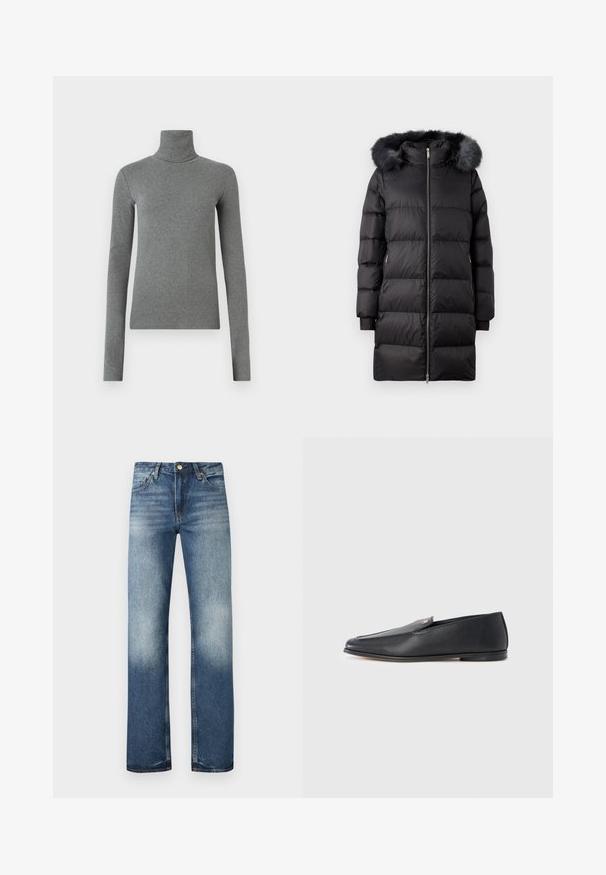 Abrigo acolchado negro con capucha de piel sintética, que cuenta con cierre de cremallera, diseño acolchado y bolsillos laterales. Mangas largas con puños de canalé.; Sudadera de cuello alto gris hecha de una tela suave y elástica. Mangas largas, diseño ajustado, textura mínima, sin patrones visibles ni piezas metálicas.; Pantalones vaqueros azules de mezclilla con diseño de pierna recta, textura desgastada y ligera apariencia envejecida. Cuenta con cinco bolsillos y herrajes metálicos.; Mocasines de cuero negro con textura suave, punta redondeada y detalles de costura sutiles. Presentan un acento de logo dorado en el lateral superior.