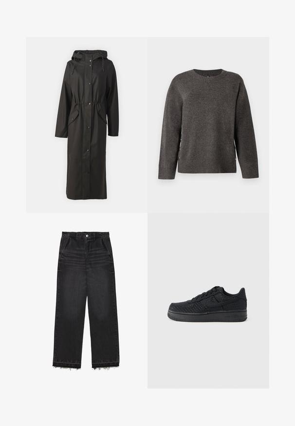 Vero Moda Tall VMMALOU LONG COATED JACKET - Regnjakke / vandafvisende jakker - black; Grå strikket sweater med rund hals, ribbet kant og knapdetaljer i siden for et unikt design. Blød tekstur med en klassisk silhuet.; Sorte denimbukser med lige ben. Har høj talje, rå kant og en diskret falmet struktur. Foran er der lommer.; Sort sneaker med tekstureret ruskindsoverflade, lavt design, rund tå, snørelukning foran og gummisål med diskret branding.