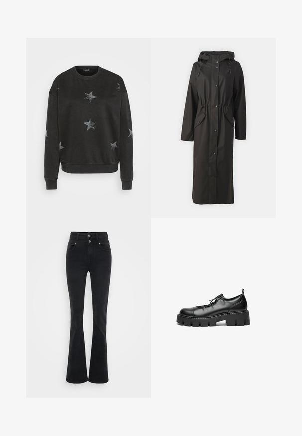 Vero Moda Tall VMMALOU LONG COATED JACKET - Impermeable - black; Sudadera negra con patrones de estrellas plateadas, cuello redondo y puños acanalados. Fabricada en un tejido suave con un ajuste relajado.; Vaqueros negros acampanados de mezclilla, con cintura alta, dos botones y bolsillos frontales. La tela tiene una textura suave con un ligero estiramiento.; Zapatos de cuero negro con cordones, punta redonda, suela de plataforma gruesa y detalle de costura decorativa a lo largo del borde.