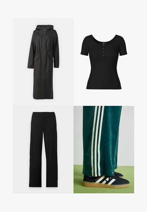 Vero Moda Tall VMMALOU LONG COATED JACKET - Regnjakke / vandafvisende jakker - black; Sort ribbet kortærmet top med en rund halsudskæring og fem-knap lukning. Har en tætsiddende pasform og en glat tekstur.; Sorte bukser med lige ben, bæltestropper og lynlås foran, vist mod en hvid baggrund.; Grønne teksturerede bukser med hvide sidelince, parret med sorte Adidas sneakers med tre hvide striber og en gummisål.