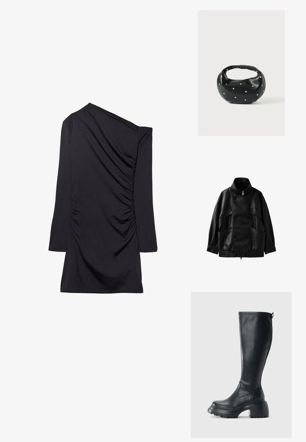 Schwarze Lederjacke mit hohem Kragen, doppelreihiger Knopfleiste, Fronttaschen sowie elastischem Saum und Bündchen.; Schwarzes Kleid mit einem einseitigen Design, langem Ärmel und gerafftem Stoff an der Seite. Hergestellt aus weichem, dehnbarem Material.; Hoher schwarzer Lederstiefel mit einer robusten Plateausohle und Blockabsatz, der über eine Zuglasche und ein strukturiertes Profil an der Außensohle verfügt.; Schwarze Lederhandtasche mit abgerundeter Form, verziert mit silbernen Nietenakzenten und kurzem Griff. Glatte Struktur und Reißverschlussverschluss.