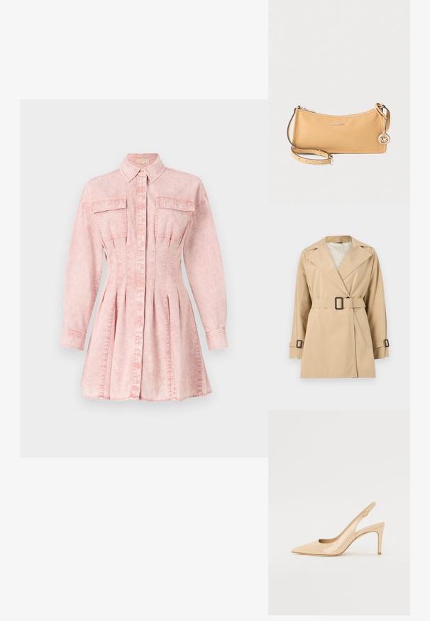 Trench-coat beige ceinturé avec larges revers, manches longues et détails à boucle sur les poignets et la taille, sur fond blanc.; Robe chemise en denim rose avec manches longues, col, fermeture à boutons, deux poches poitrine et détail de jupe plissée pour une silhouette ajustée.; Escarpin slingback en cuir verni nude avec un bout pointu, un décolleté ouvert et un talon aiguille fin. Comprend un accent doré circulaire sur la sangle.; Sac d'épaule en cuir tanné de la marque Michael Kors avec une fermeture éclair argentée, une fine bandoulière réglable et un pendentif circulaire avec le logo MK.
