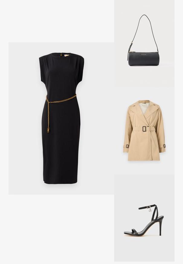 Gabardina beige con cinturón, solapas anchas, mangas largas y detalles de hebilla en los puños y la cintura sobre fondo blanco.; Vestido midi negro con mangas cortas, escote redondo, detalles plisados y un cinturón de cadena dorada, confeccionado en un tejido suave.; Sandalia de tacón alto negra con una estrecha correa en el tobillo, punta cuadrada, material de cuero liso y detalle de hebilla metálica.; Bolso de hombro cilíndrico negro de cuero con cremallera dorada y logo "Michael Kors" en el frente, correa ajustable con hebilla.