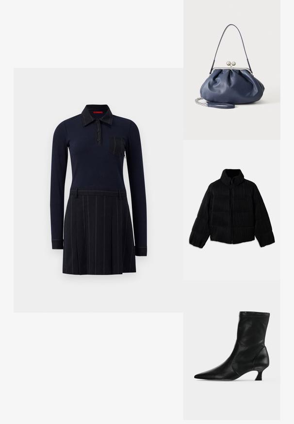 Veste en duvet noire avec une silhouette cintrée, dotée d'un col haut, d'une fermeture éclair et d'une texture côtelée verticale. Tissu doux.; Robe polo marine à manches longues, texture côtelée, fermeture à boutons et poche sur la poitrine ; la jupe présente des rayures verticales et des plis.; Botte mi-mollet en cuir noir avec bout pointu et petit talon kitten, vue de profil sur un fond clair uni.; Sac à main en cuir bleu marine doux avec fermeture à boucle argentée, une seule bandoulière, et une chaîne de poignet amovible sur fond blanc.