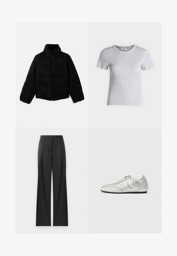 Schwarze Pufferjacke mit taillierter Silhouette, hochgeschlossenem Kragen, Reißverschluss und vertikaler Rippstruktur. Weicher Stoff.; Hellgraues, tailliertes T-Shirt mit kurzen Ärmeln und Rippstruktur, rundem Ausschnitt und kleinem Markenlabel innen am Kragen.; Grau gestreifte Hose mit geradem Bein, ausgestattet mit einem Knopfverschluss und Falten auf der Vorderseite. Hergestellt aus einem glatten Material.; Silberne Sportschuhe mit einer glatten Lederoberfläche, ausgestattet mit gesteppten Akzenten, einer runden Zehenpartie und einer niedrigprofiligen schwarzen Gummisohle.