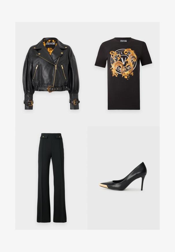 Chaqueta biker corta de cuero negro con herrajes dorados, hebillas decorativas, cremallera frontal y forro estampado en amarillo y negro.; Camiseta negra de manga corta con diseño de remolino ornamentado dorado y logo circular con la inscripción "Versace Jeans Couture" en el pecho.; Pantalones de tiro alto de campana negros con detalles de costura frontal y dos bolsillos con tapeta y botones dorados en la cintura.; Zapato de tacón alto de cuero negro con puntera afilada; presenta un detalle metálico dorado en la tapa del tacón. Superficie lisa con un diseño elegante.