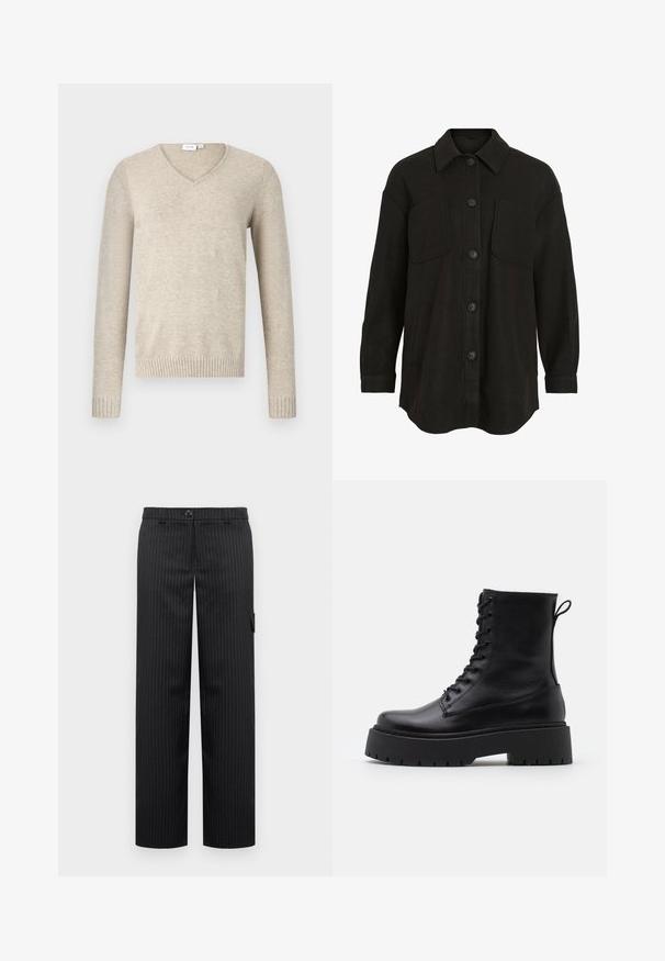 Schwarze Hemdjacke mit Kragen, zwei Brusttaschen und langen Ärmeln, aus weichem, strukturiertem Stoff.; Beiger V-Ausschnitt-Pullover aus weichem Material mit langen Ärmeln und gerippten Bündchen. Besitzt ein schlichtes Design ohne Muster oder Verzierungen.; Schwarze Nadelstreifen-Hose mit geradem Bein, ausgestattet mit einem Knopfverschluss und einer Seitentasche, gefertigt aus einem glatten Stoff.; Schwarze Lederstiefeletten mit runder Zehenpartie, Schnürung vorne und einer dicken Gummisohle mit strukturiertem Profil. Mit Zugschlaufe an der Rückseite.